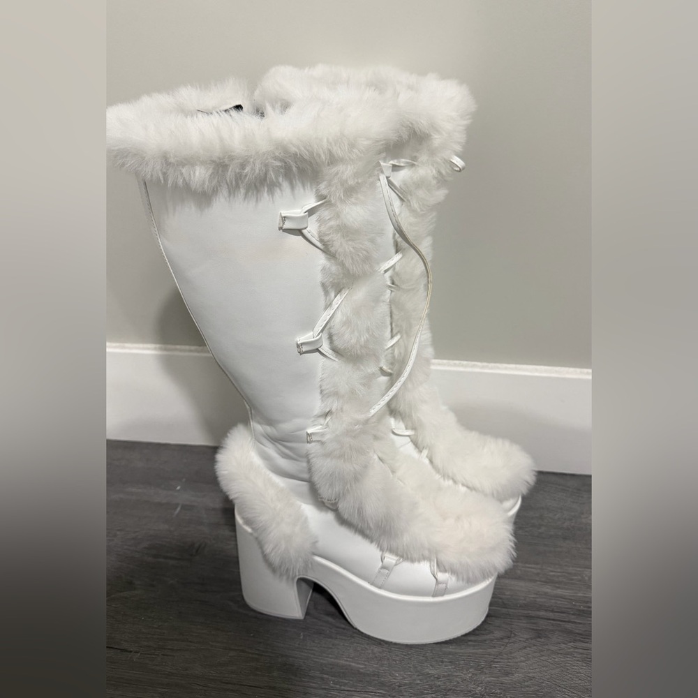 Demonia White Faux Fur Platform Boots